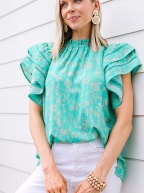 ODDY Mint Green Floral Ruffle Sleeve Blouse